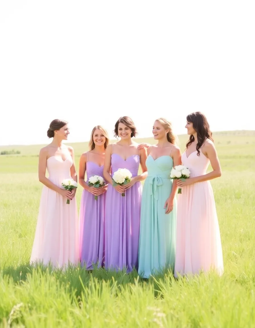 Bridesmaids in a gradient of pastel dresses—lavender, blush, and mint—standing in a sunlit field. The colors blend seamlessly, creating a soft, painterly effect.