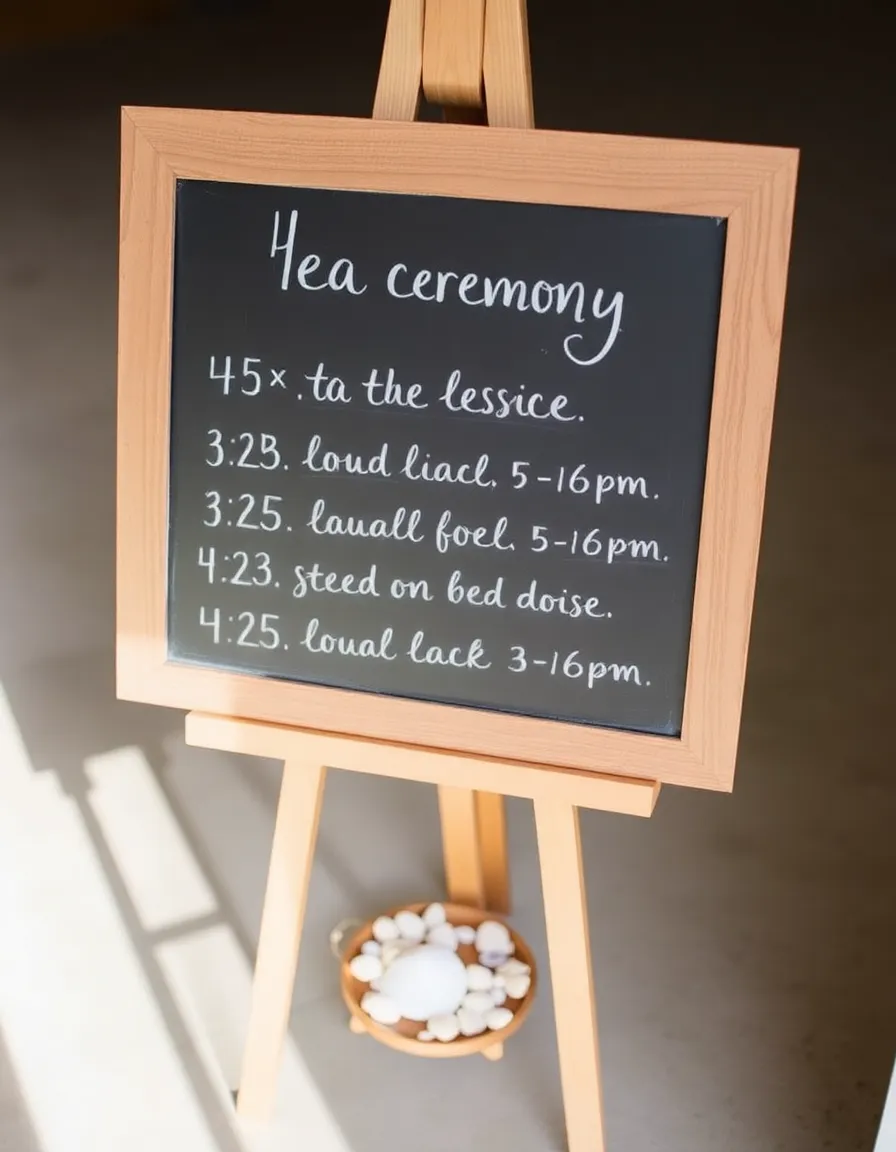 A rustic chalkboard sign on an easel, handwritten with the ceremony timeline in playful script. A few seashells are scattered at the base for decoration.