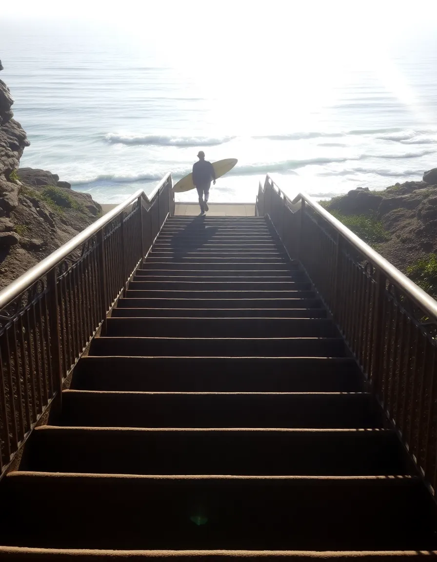 A downward shot of the staircase leading to Thousand Steps Beach, with the ocean visible at the bottom. Sunlight streams through the railings, casting long shadows on the steps. A lone surfer carries a board up the stairs.