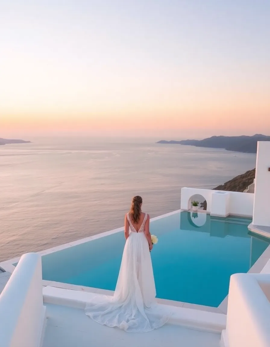 The iconic white terraces of Grace Hotel in Santorini, with a bride in a flowing gown standing near the infinity pool. The Aegean Sea sparkles below, and the sky is a gradient of pastel pink and orange during sunset.