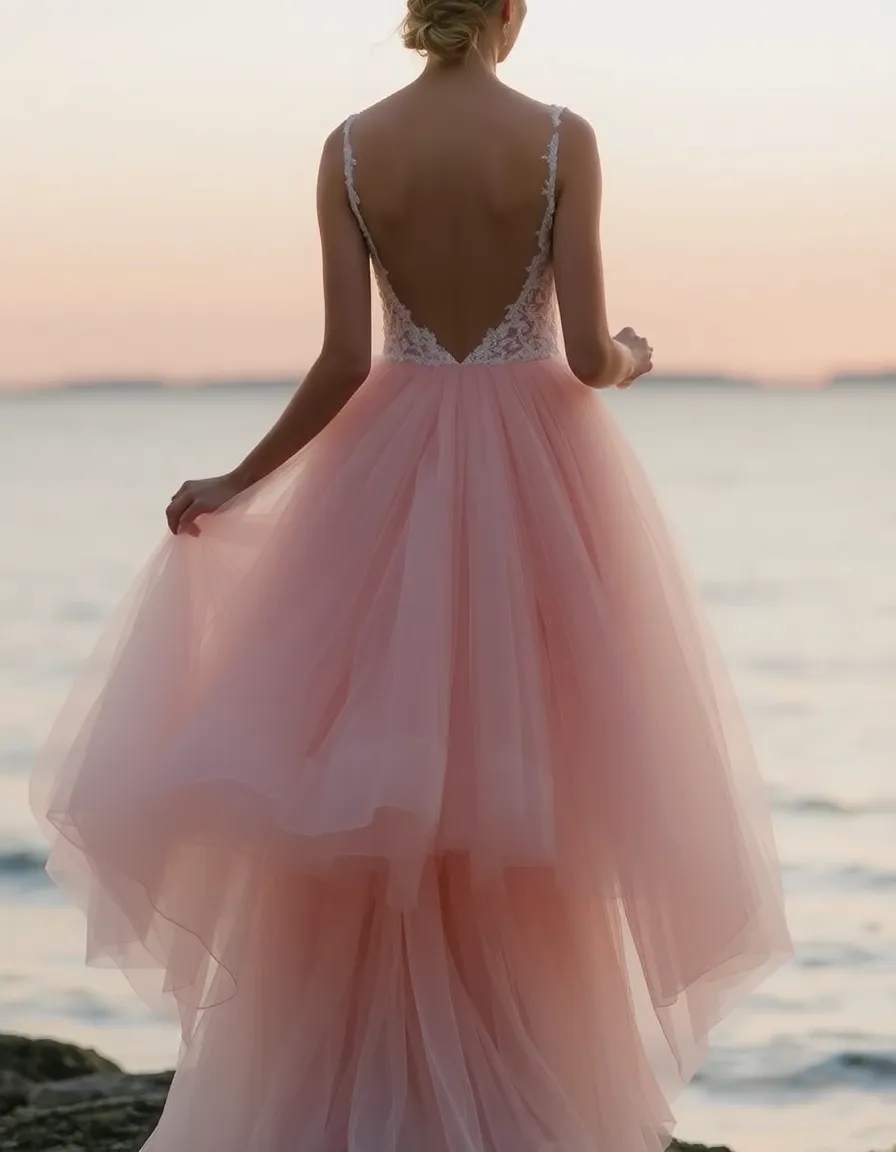 A bride in a blush tulle gown with a high-low hem, standing near the water’s edge. The layers of tulle catch the breeze, creating a soft, ethereal effect as the sun sets behind her.