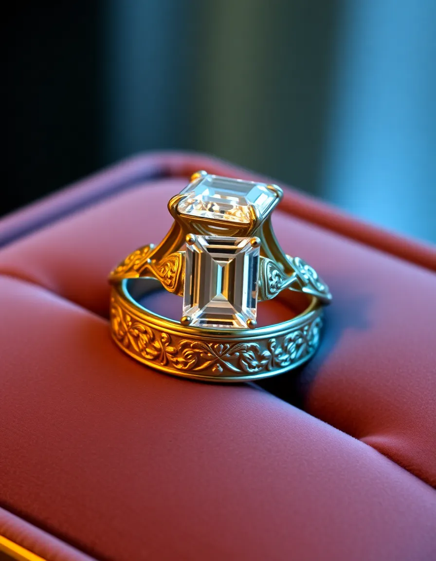 A vintage-style engagement ring and wedding band set with intricate art deco engraving and a large emerald-cut diamond. The rings are displayed on a velvet-lined tray, with warm lighting enhancing the gold’s patina.