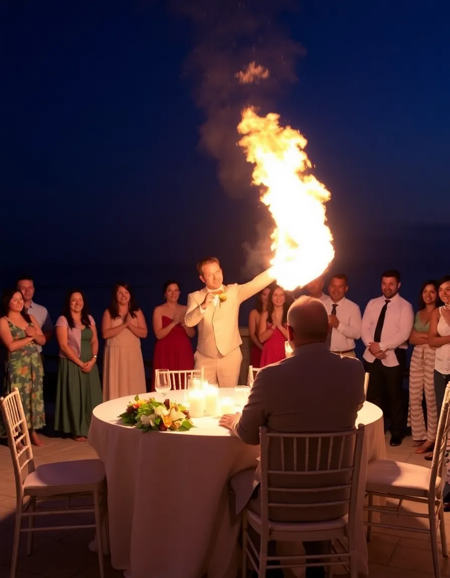A fire dancer performing at a Now Larimar beach reception, with guests gathered around in awe. The couple watches from their sweetheart table, which is decorated with candles and tropical flowers.