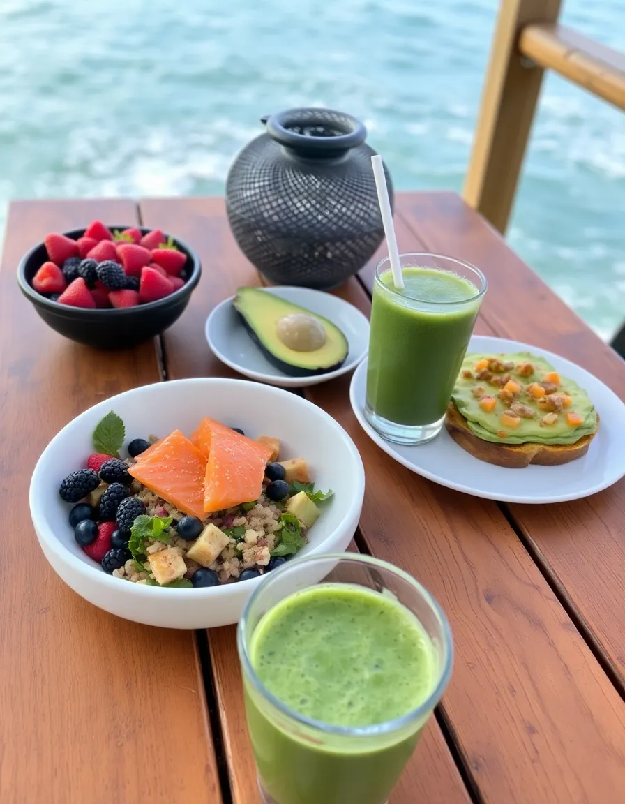 A vibrant, colorful table spread with a salmon poke bowl, berries, avocado toast, and a green smoothie, all beautifully arranged on a rustic wooden table with the ocean in the background.