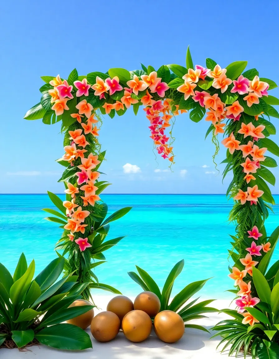 A vibrant tropical arch covered in monstera leaves, pink and orange orchids, and cascading greenery. The backdrop is a turquoise ocean, and a few coconuts are nestled at the base for a playful touch.