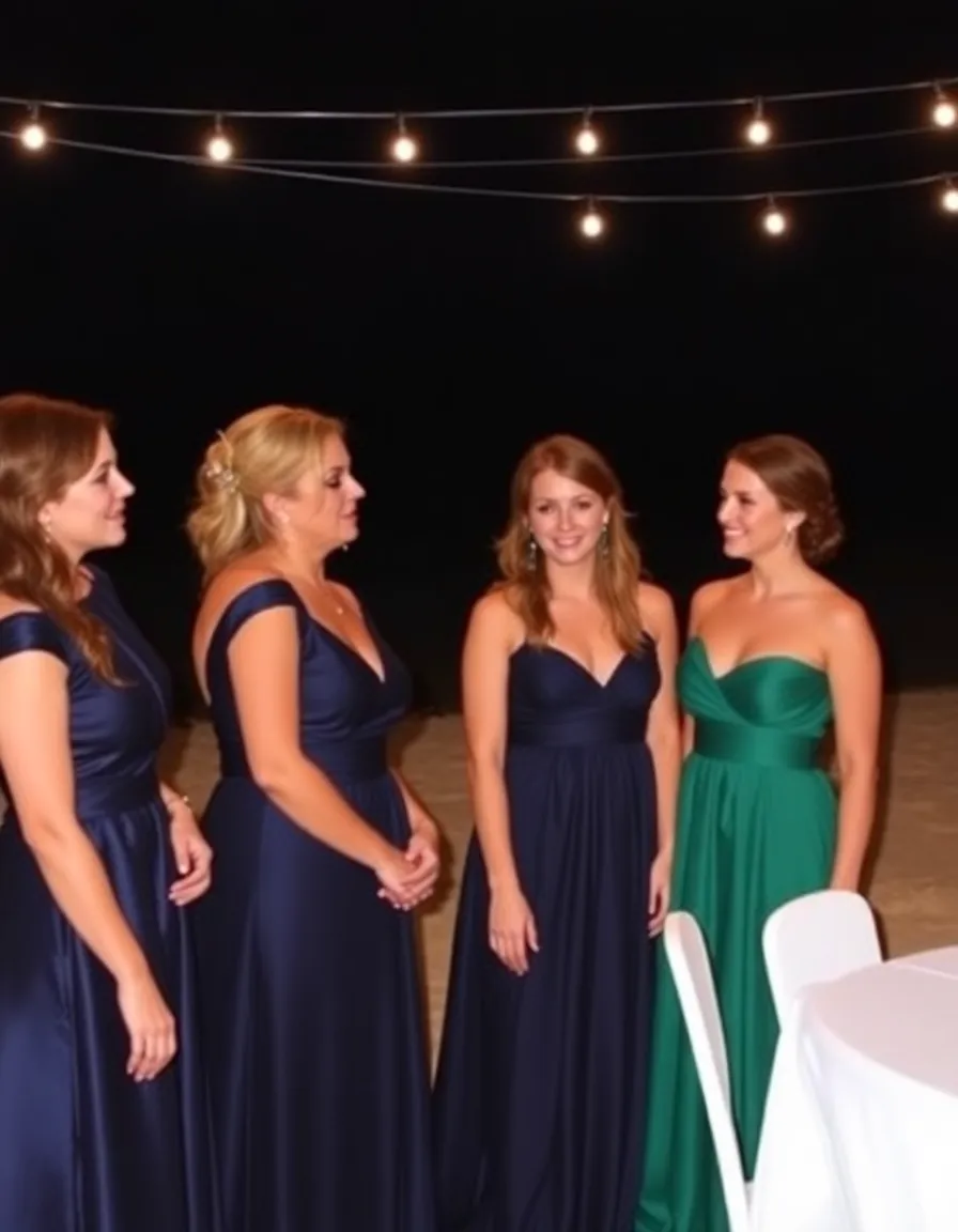 Bridesmaids in deep navy and emerald green satin dresses, standing under twinkling string lights at a dusk beach reception. The dresses shimmer slightly in the fading light, and the ocean behind them appears almost black, blending seamlessly with their elegant silhouettes.
