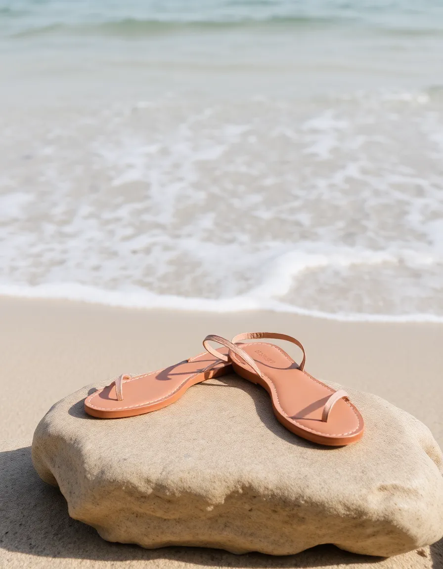 A pair of slim, nude leather sandals with a single thin strap, placed on a smooth stone near the water’s edge. The sand is pristine, and the ocean waves gently lap in the background.