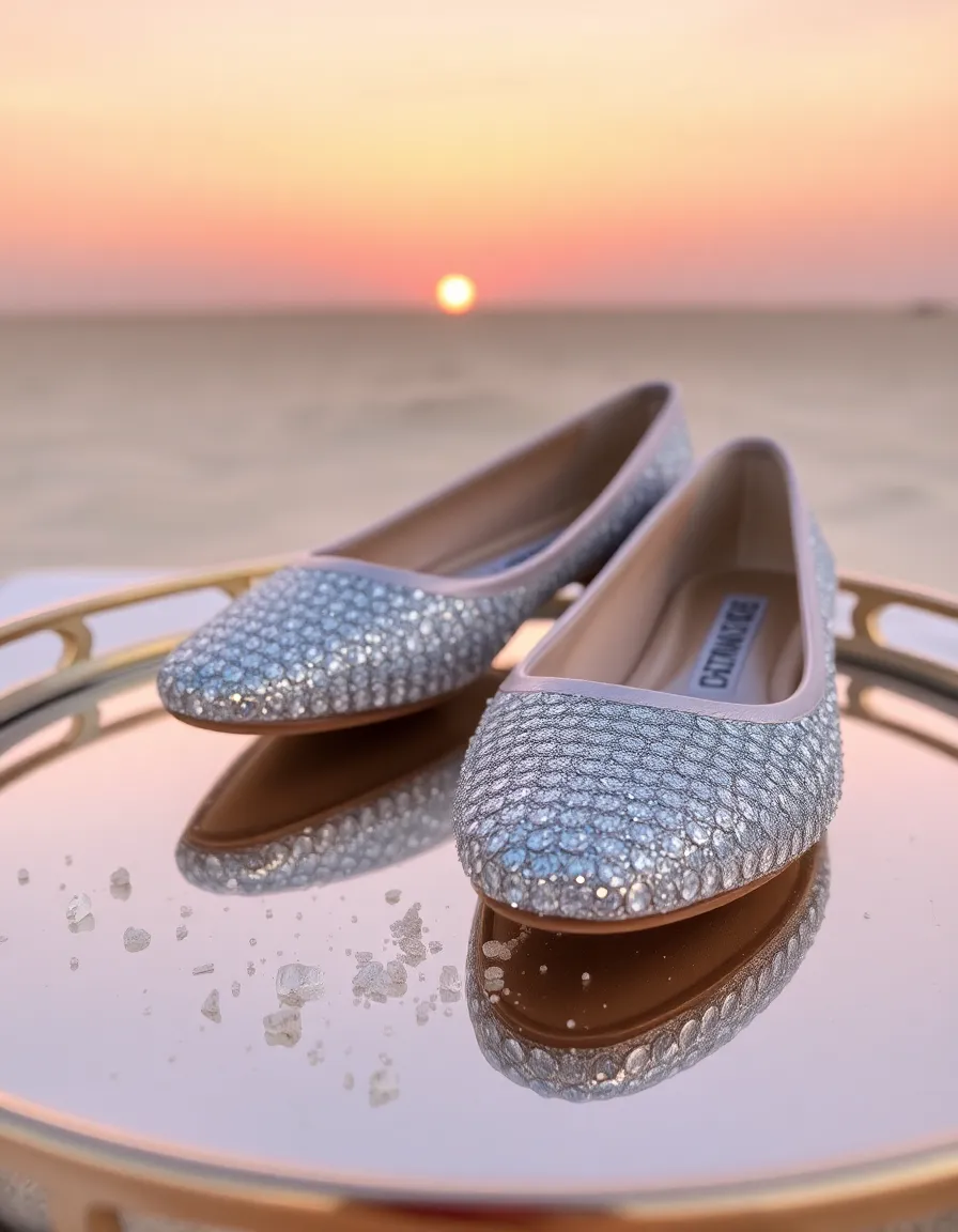 Sparkling silver ballet flats placed on a mirrored tray with a few grains of sand scattered around them. The reflection catches the glitter, creating a dazzling effect against a soft pink sunrise backdrop.