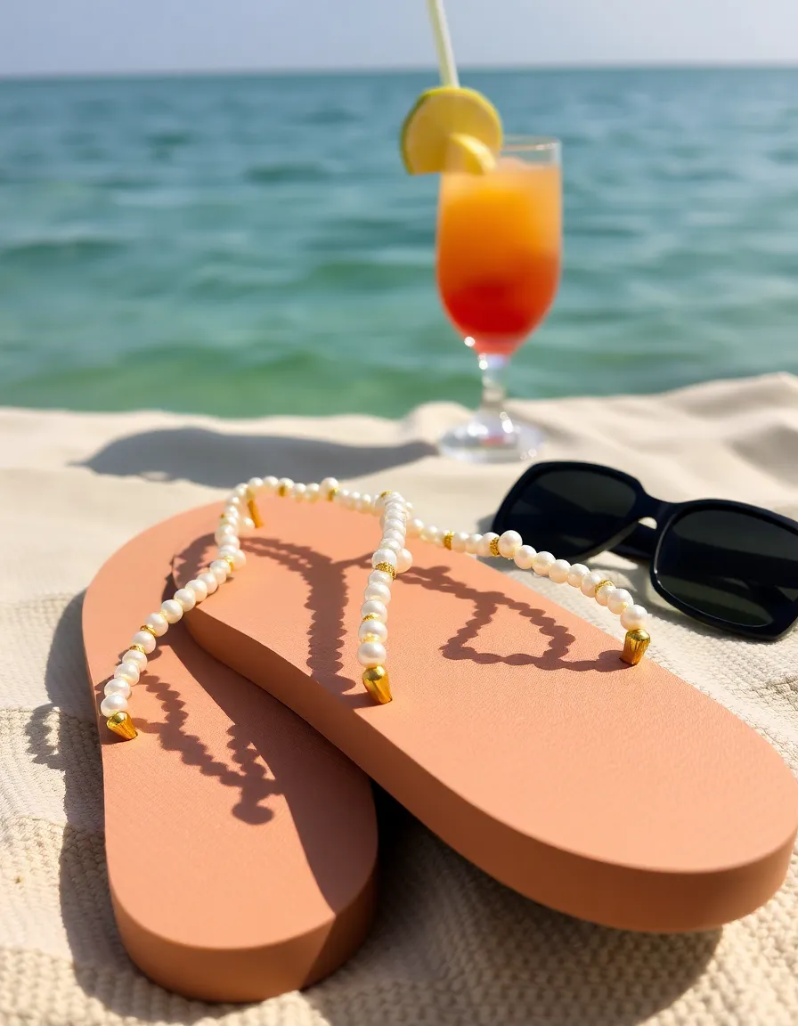 Beaded flip-flops with small pearls and gold accents, placed on a sandy beach towel with a tropical cocktail and sunglasses nearby. The ocean is calm, and the sunlight highlights the beads’ delicate details.