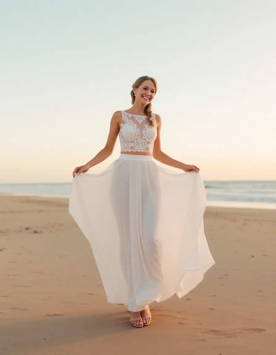 A bride in a two-piece wedding set—a fitted lace crop top and a flowy chiffon maxi skirt—standing on a beach at sunrise. The skirt billows around her as she walks, and the top shows a hint of midriff. Her hair is in a loose braid, and she’s laughing as she holds the skirt playfully.