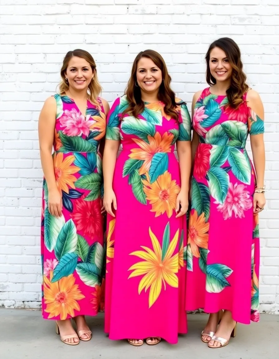 Three bridesmaids in bold, tropical-print midi dresses posing against a whitewashed brick wall. The vibrant colors pop against the neutral background, creating a striking contrast.