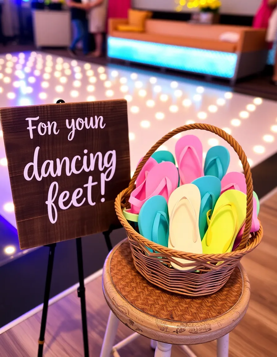 A decorative basket filled with pastel-colored flip-flops, placed beside a wooden sign that reads, “For your dancing feet!” The basket sits on a vintage stool near a lit-up dance floor.