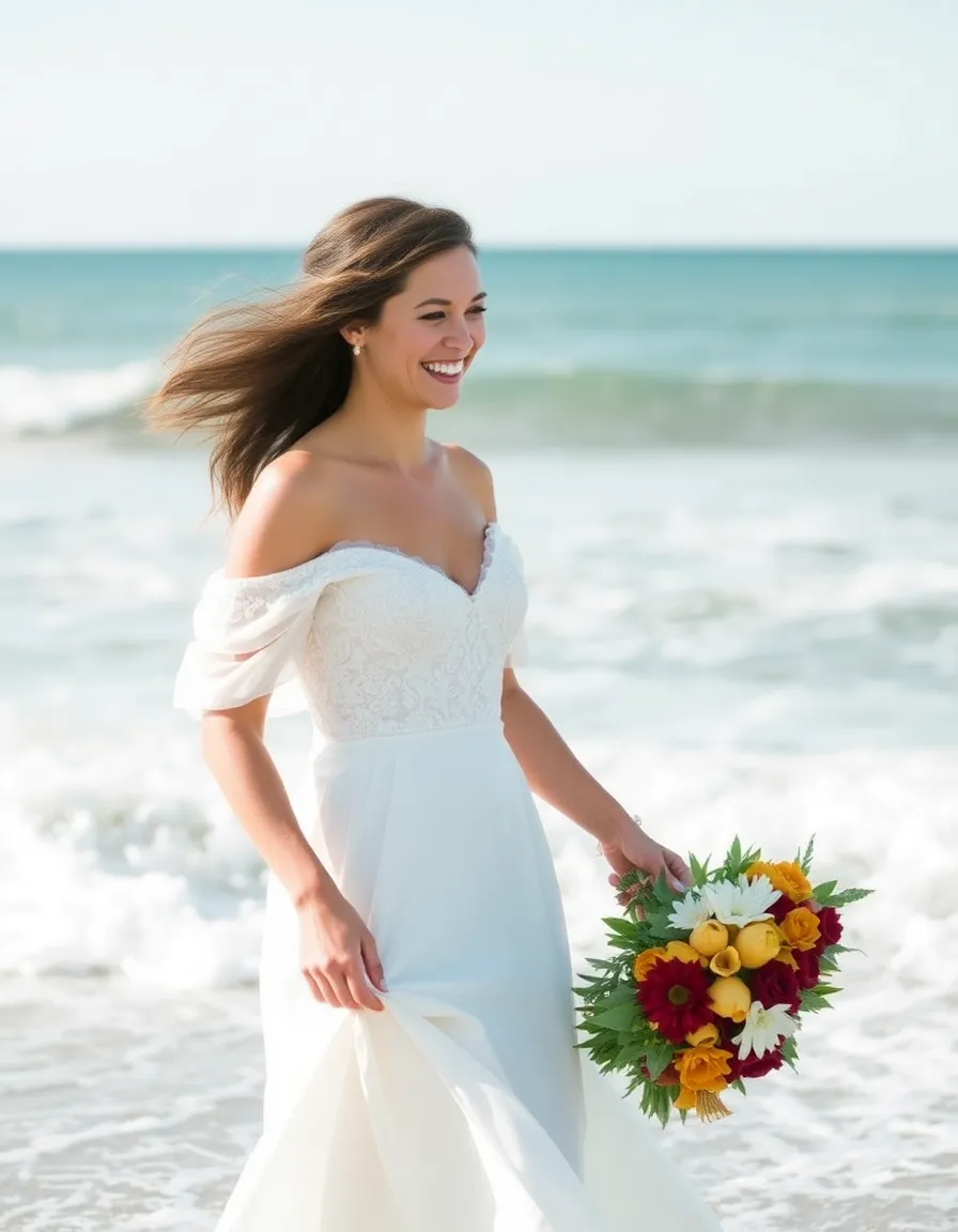 A bride in an off-shoulder wedding dress laughing as she holds her skirt slightly above the waves. The delicate sleeves sit perfectly on her shoulders, and the ocean breeze tousles her hair.