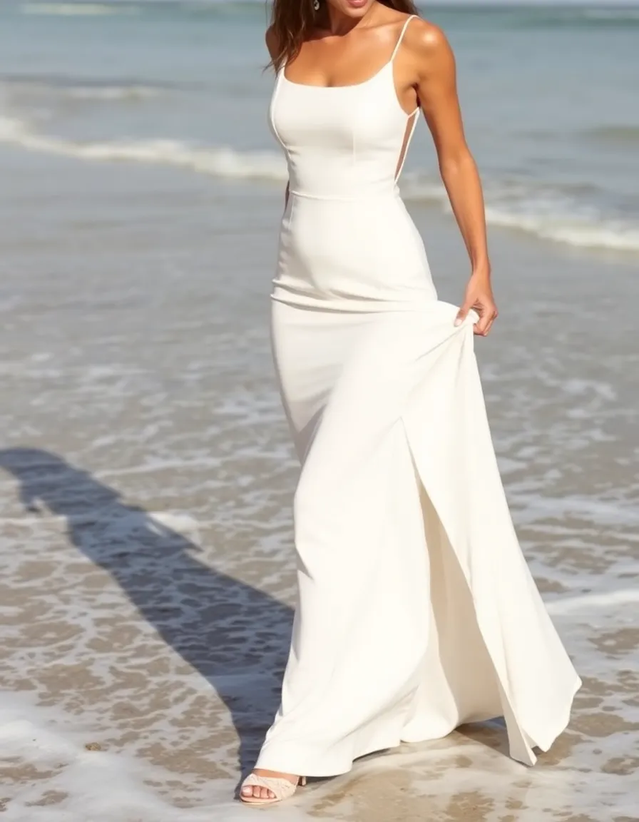 A bride in a sleek ivory column dress with a high side slit, walking along the shoreline with one hand lightly lifting the skirt. The dress hugs her figure elegantly, and the slit reveals a glimpse of her toned leg. The ocean waves are gently lapping at her feet.