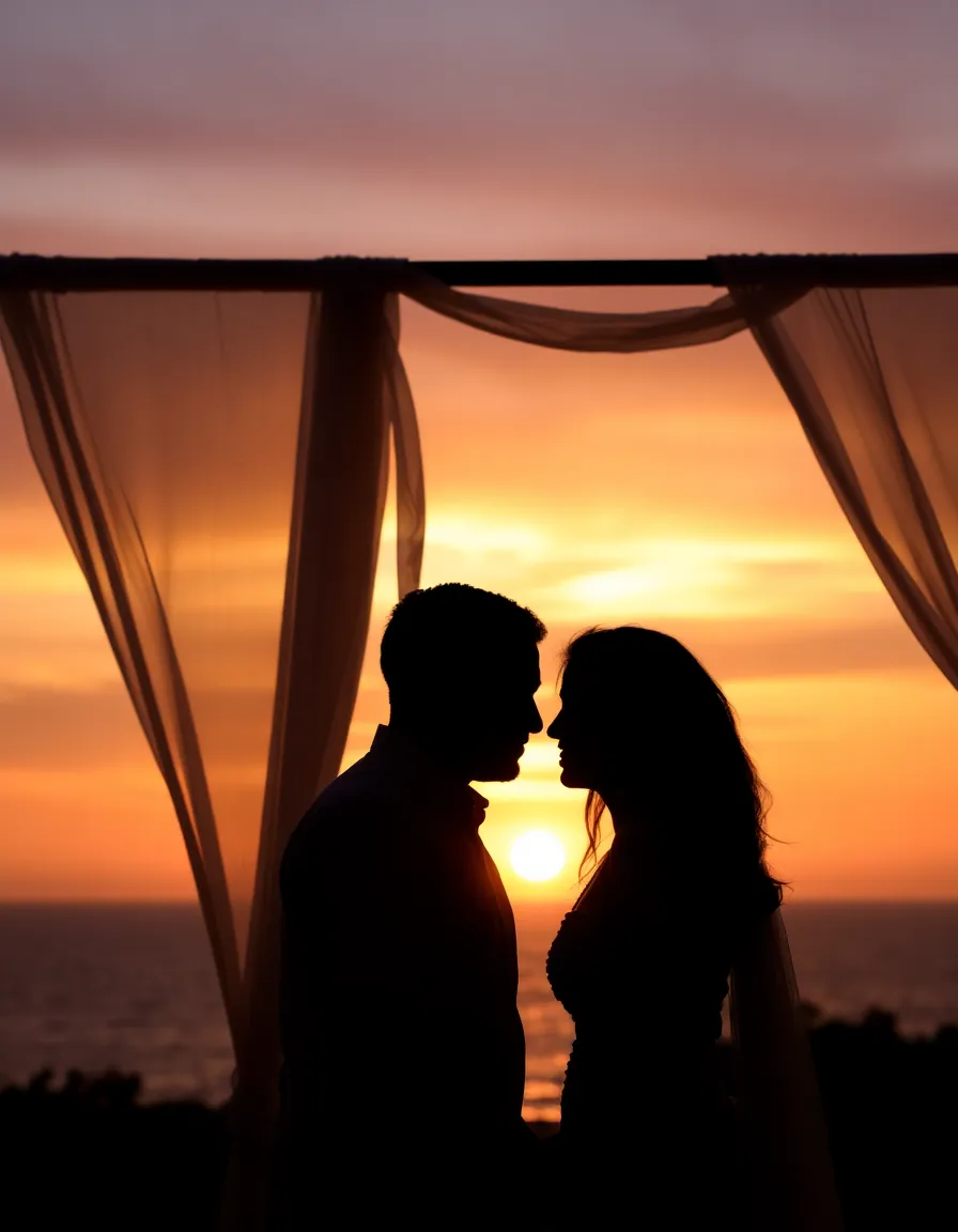 A couple silhouetted against a breathtaking sunset, standing in front of a sheer white curtain that billows in the ocean breeze. The sky is a gradient of pink, orange, and gold.