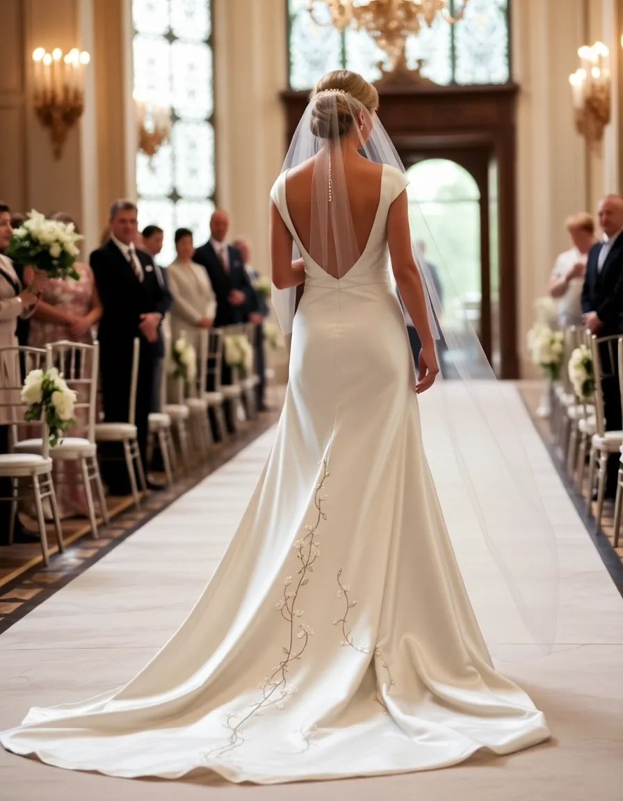 A bride in a silk gown with a cathedral-length train, walking down a grand aisle. The train is embroidered with delicate vines and flowers, and the fabric pools behind her as she moves.