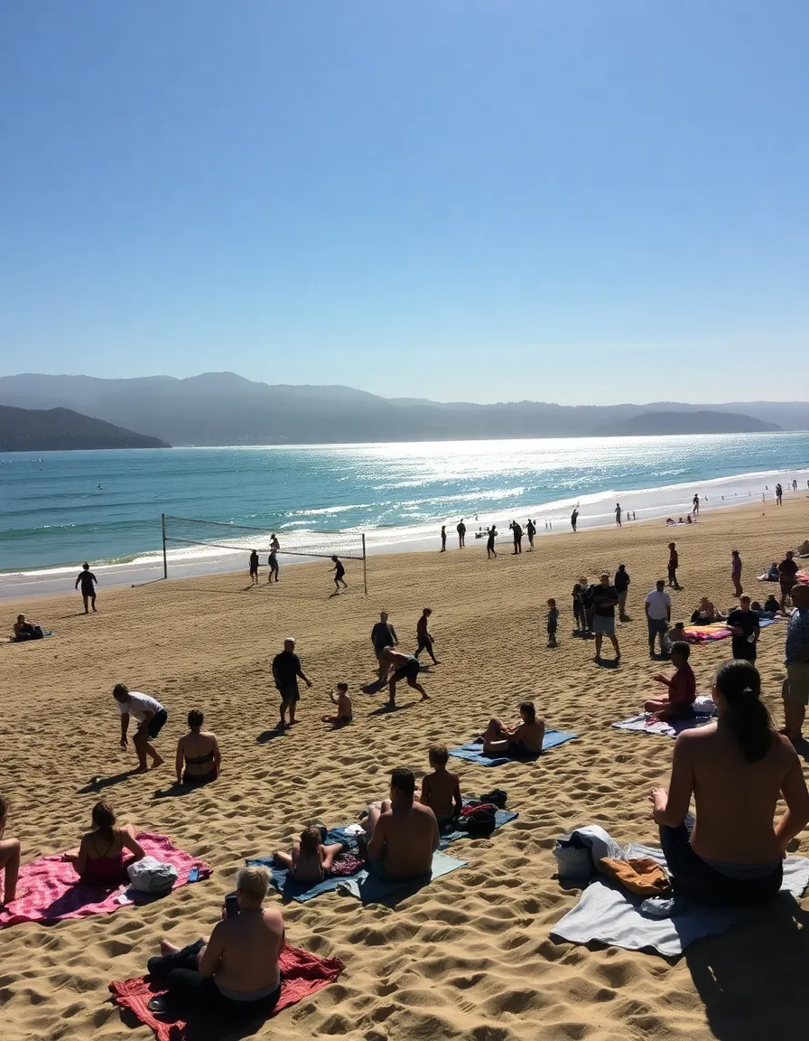 A lively day at Zuma Beach, with volleyball games in progress and families spread out on towels. The ocean sparkles under the midday sun, and the Malibu hills rise in the distance.