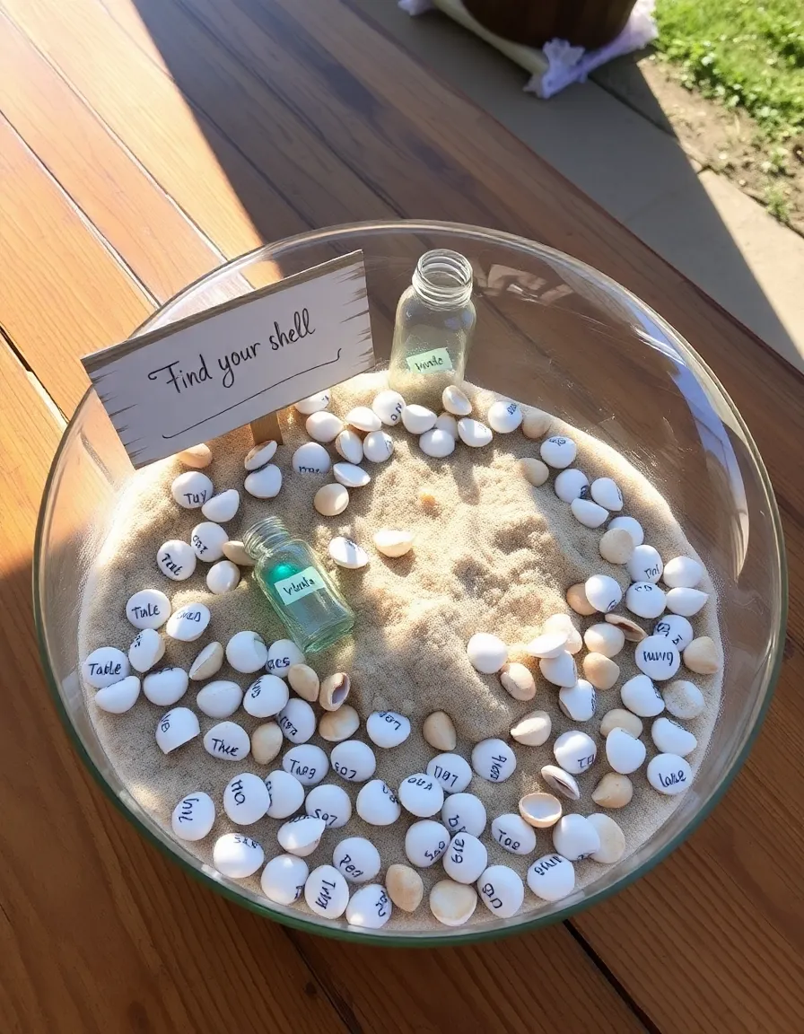 A wooden escort card table featuring a large glass bowl filled with sand and dozens of small seashells, each painted with a table number. A few mini glass bottles with rolled-up notes peek out from the sand, and a rustic sign reads “Find Your Shell.” The sunlight filters through the bottles, casting tiny rainbows.