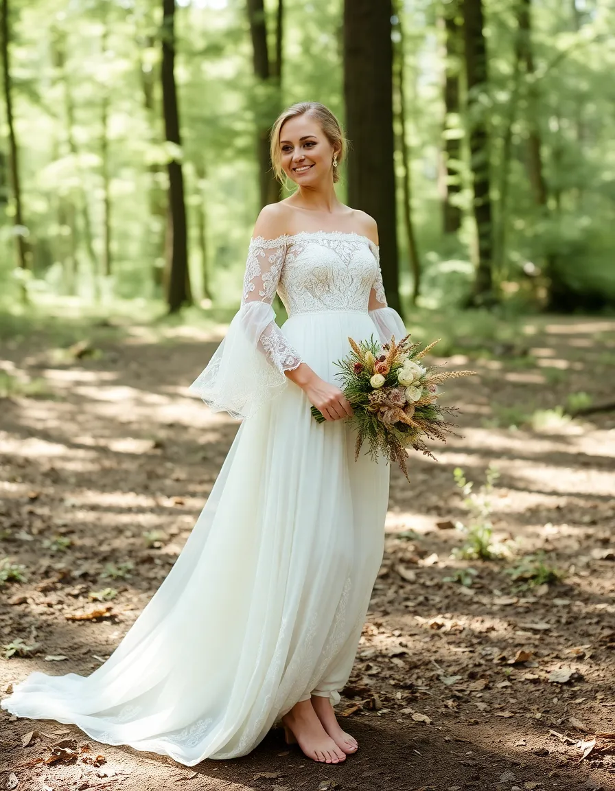 A bride in a flowing, off-the-shoulder boho gown with bell sleeves and intricate lace detailing. She’s barefoot in a sun-dappled forest, holding a bouquet of dried flowers and smiling softly.