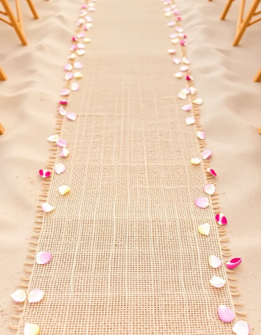 A close-up of a burlap aisle runner laid over the sand, with delicate flower petals scattered along the edges.