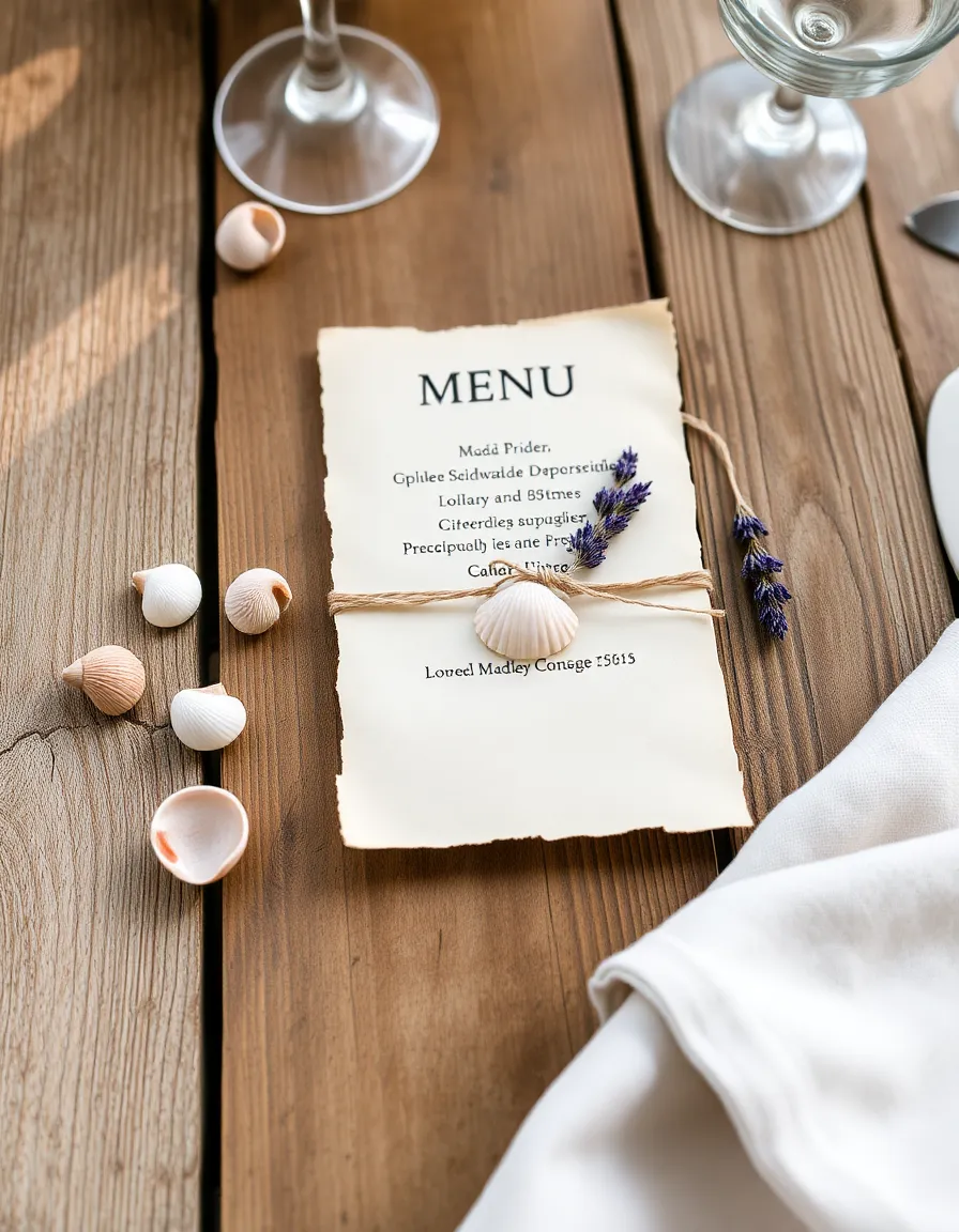 A rustic wooden table setting featuring a parchment paper menu tied with twine and adorned with a small, pearly seashell. A few loose shells and a sprig of dried lavender sit beside it, and a soft linen napkin completes the look. The natural light highlights the texture of the paper and shells.