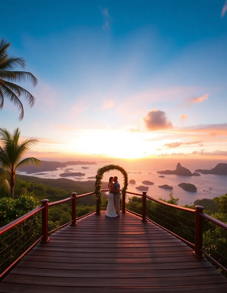 A wooden deck on a hillside, overlooking a panoramic view of the Caribbean Sea and surrounding islands. A couple stands beneath a floral arch, surrounded by lush greenery. The sun sets in the distance, painting the sky in vibrant oranges and pinks.