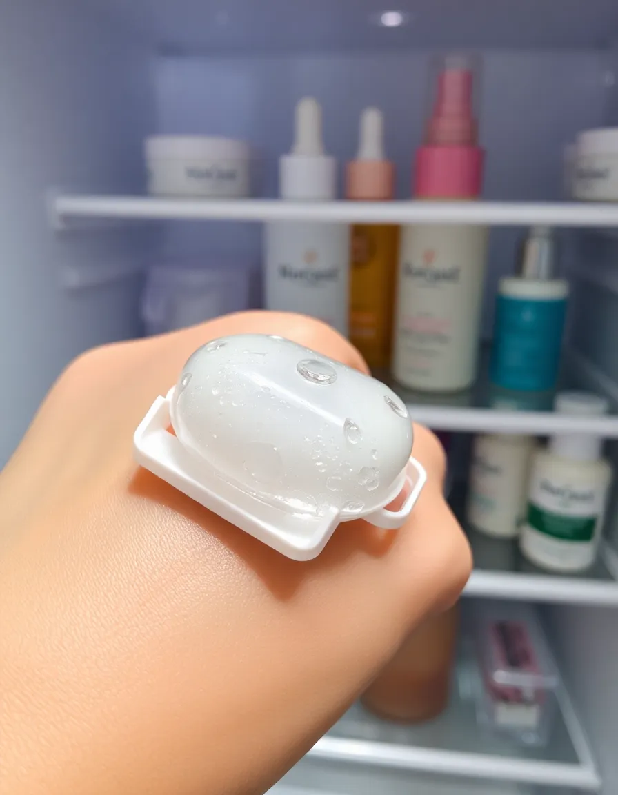 A close-up of a glistening ice roller gliding over dewy, refreshed skin. The background is a chic, organized fridge with skincare products neatly stored inside.