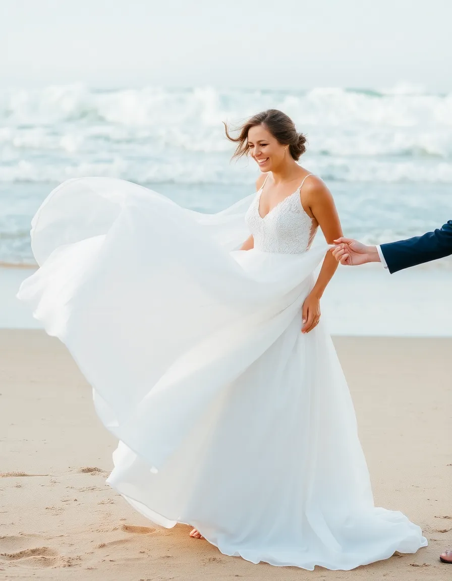 A bride laughing as her wind-blown dress flows elegantly around her, standing barefoot on the sand. The groom reaches out to gently hold the fabric, and the ocean waves crash dramatically in the background.