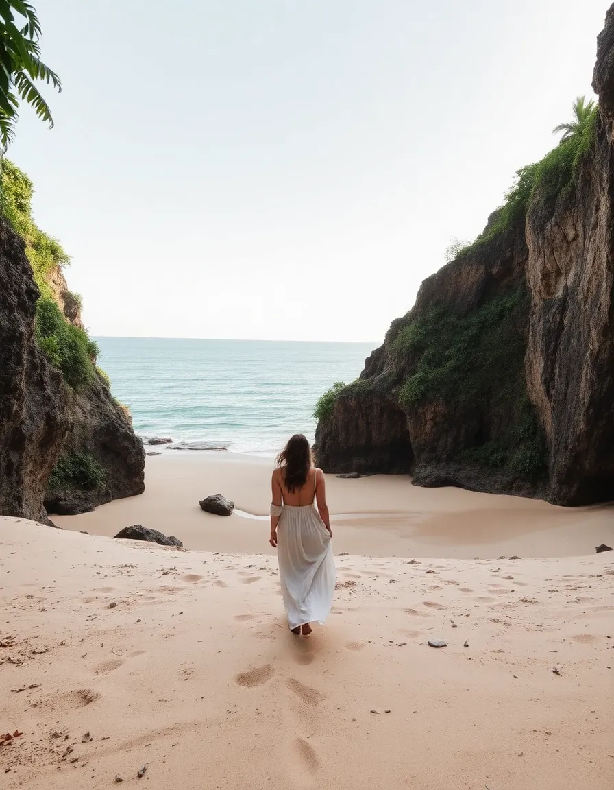 A couple emerging from the jungle path onto Playa Escondida’s empty shore, with the woman’s dress trailing slightly in the sand. The cliffs curve protectively around the cove, creating a sense of seclusion.