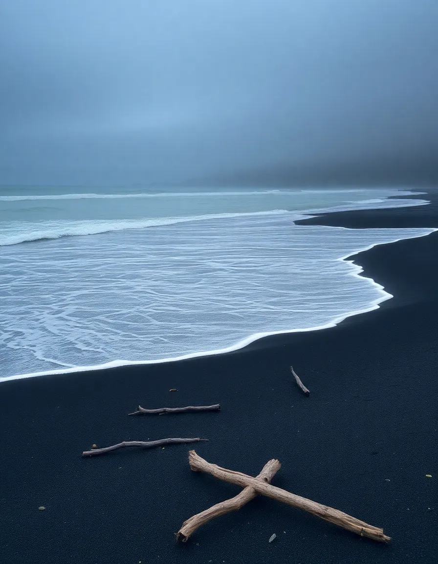 A moody shot of Black Sands Beach, with waves crashing against the inky black sand. Driftwood scatters the shore, and mist hangs over the water, softening the horizon.