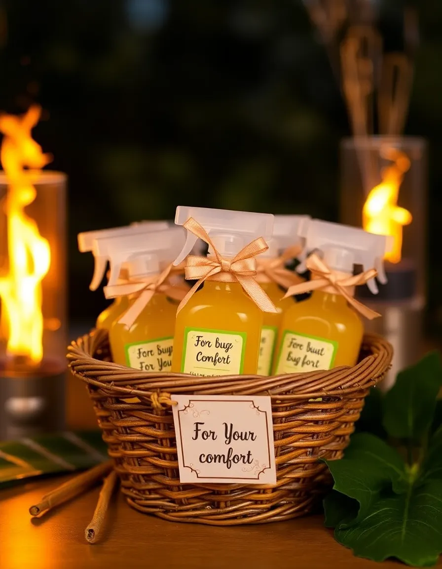 A decorative basket filled with mini bug spray bottles, tied with ribbon and labeled “For Your Comfort.” Citronella torches flicker in the background, and a few tropical leaves add a chic touch.
