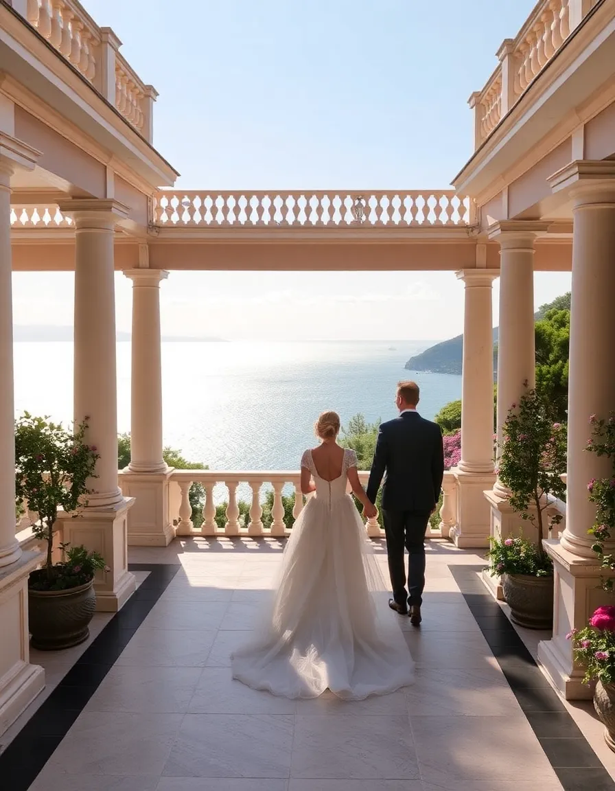 The grand terrace at Grand-Hôtel du Cap-Ferrat, with a bride in a vintage-inspired gown walking toward her partner. The Mediterranean Sea sparkles below, and the hotel’s lush gardens are in full bloom around them.