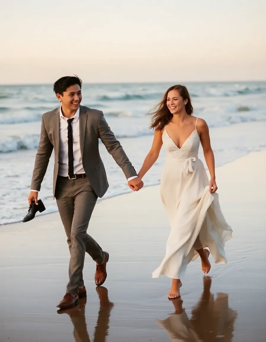 A couple laughing as they walk hand-in-hand along the shoreline at sunset, their formal attire slightly windswept. The groom has his shoes slung over his shoulder, and the bride’s dress trails lightly in the wet sand. The ocean glows behind them, perfectly imperfect.