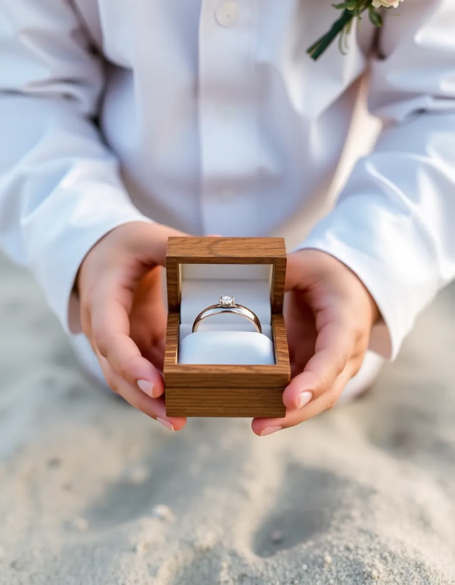 A close-up of a ring bearer’s tiny hands holding a small, weighted wooden ring box in the sand. The wedding bands glint inside, secured by a soft silicone holder, and the ocean is blurred in the background.