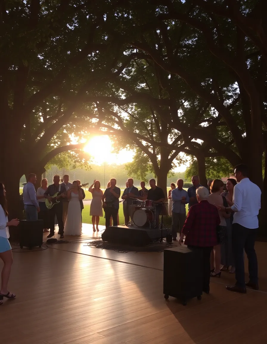 A live band performing on a wooden stage under a canopy of trees, with speakers discreetly placed around the dance floor. Guests are dancing, and the golden light of sunset filters through the leaves.