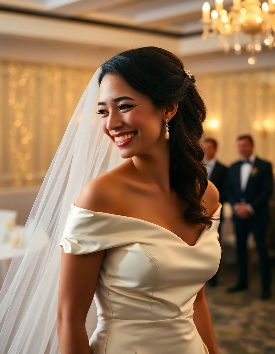 A bride in a champagne satin off-shoulder gown laughing as she adjusts her veil. The soft folds of the dress highlight her silhouette, with delicate pearl earrings catching the light. The background is a softly blurred ballroom with twinkling fairy lights.