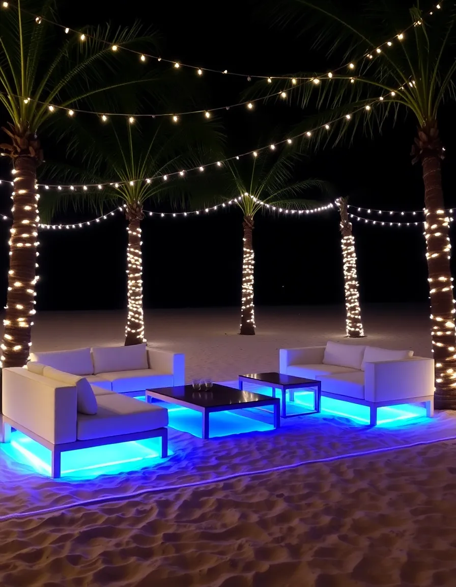 A cozy lounge area on the beach, with low white sofas and coffee tables. LED strips hidden beneath the furniture emit a soft blue glow, illuminating the sand around the seating as guests relax under string-lit palm trees.