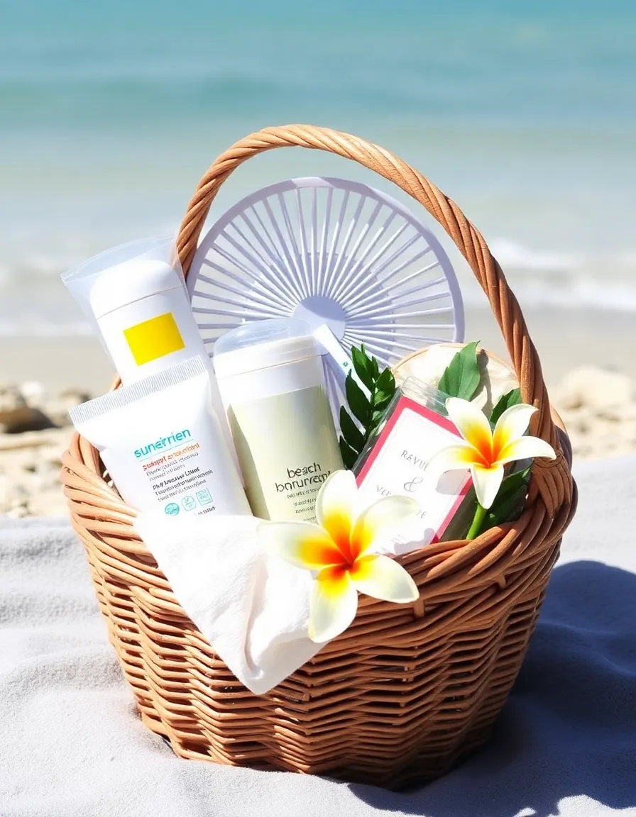A stylish woven basket filled with beach wedding essentials—sunscreen, a mini fan, baby powder, a sewing kit, and a sprig of tropical flowers. The basket sits on a sandy towel with the ocean in the background.