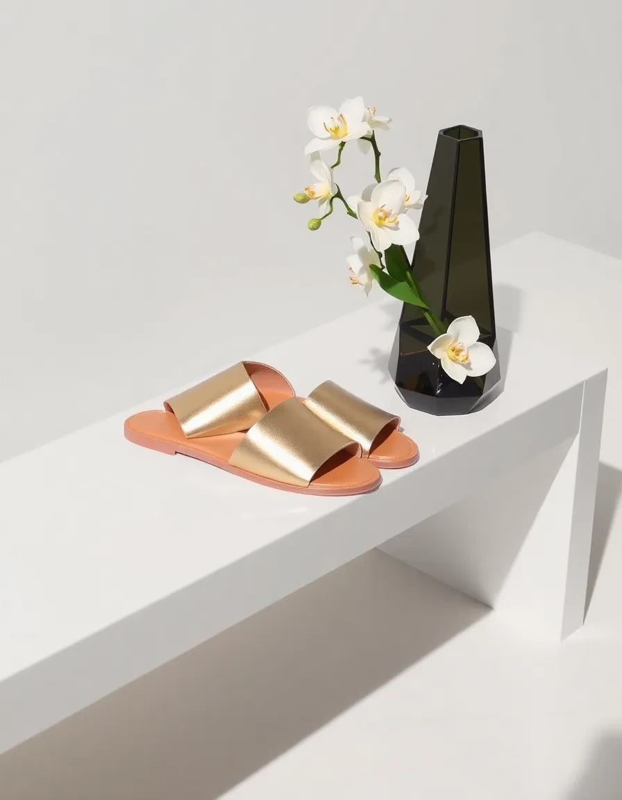 Gold metallic slide sandals placed on a sleek, modern bench with a geometric vase and a single orchid beside them. The setting is minimalist, with soft shadows highlighting the shoes’ shine.