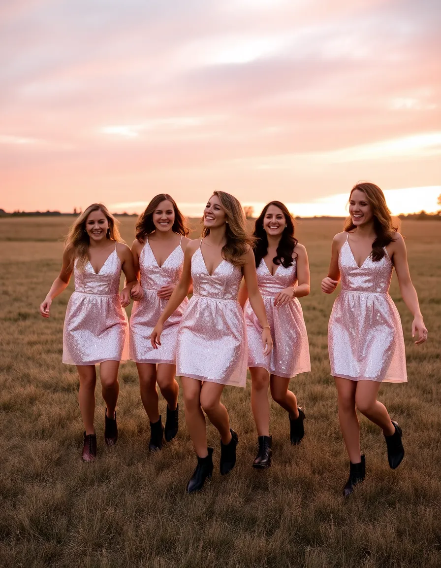 Bridesmaids in blush pink sequin dresses twirling in a field at sunset, the light catching every sparkle. Their dresses are short and playful, paired with black ankle boots for contrast. The sky is a mix of pinks and oranges, mirroring their outfits, and they’re laughing as they spin.