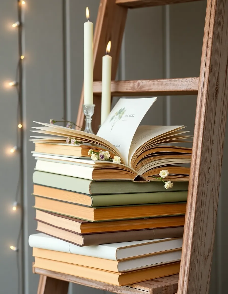 A tall, asymmetrical stack of vintage books in cream, gold, and sage green, with taper candles and tiny bud vases tucked between the pages. A few books lie open, revealing delicate pressed flowers. The arrangement sits on a weathered wooden ladder shelf, backed by twinkling string lights.
