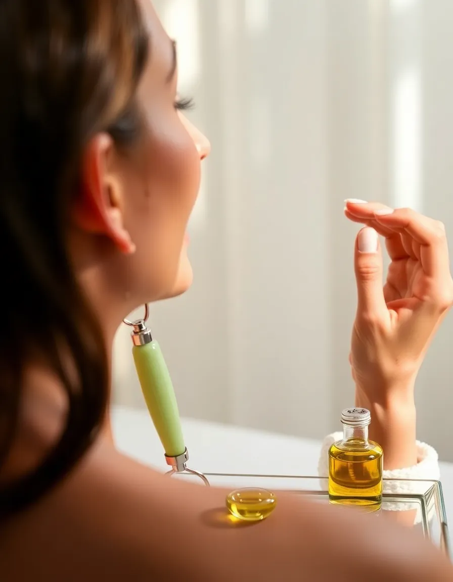 A woman giving herself a facial massage with a jade roller, her skin glowing under soft morning light. A few drops of facial oil sit on a glass tray nearby, catching the light.