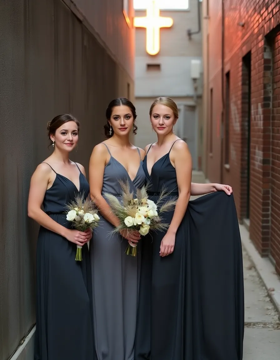 Bridesmaids in slate gray slip dresses posing against a concrete wall in an urban alley, their dresses contrasting with the gritty backdrop. Their makeup is minimal but polished, and they’re holding bouquets of dried grasses and white ranunculus. A neon sign glows faintly in the background.