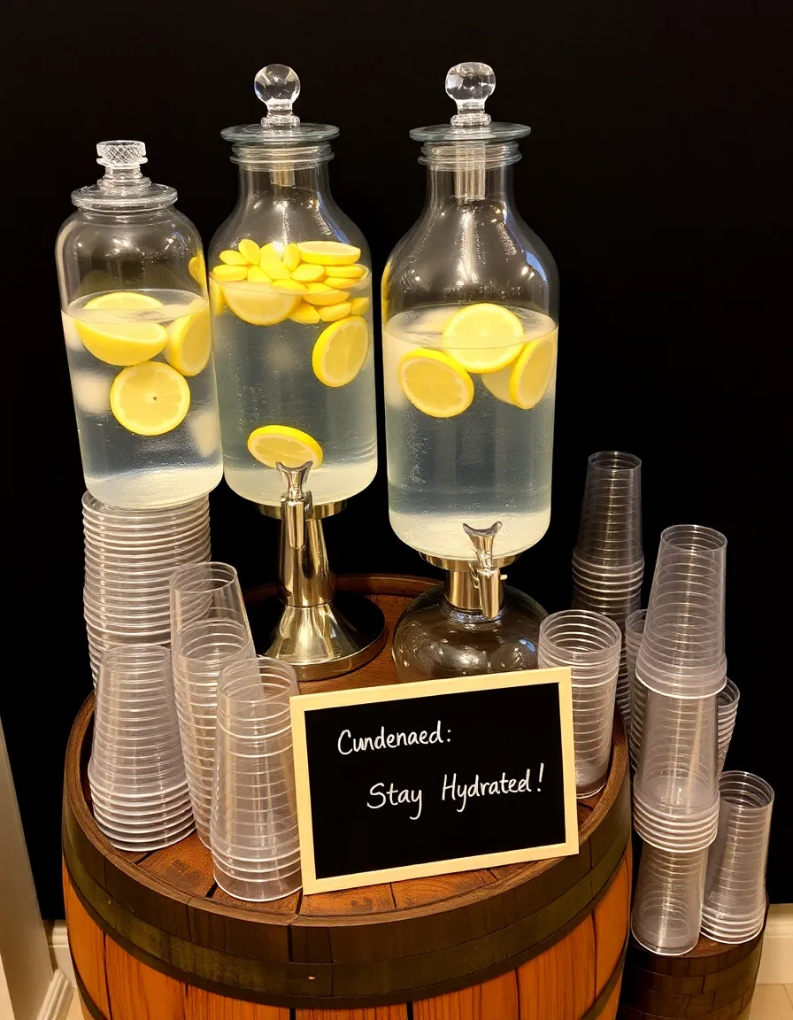 A stylish water station with glass dispensers filled with lemon-infused water, set on a wooden barrel. Stacked acrylic cups are arranged nearby, and a small chalkboard sign reads, “Stay Hydrated!”