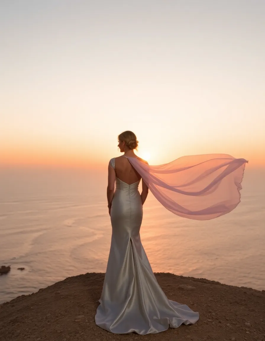 A bride in a fitted silk gown with a long, flowing cape, standing on a cliff overlooking the ocean. The cape billows in the wind, creating a dramatic silhouette against the sunset.