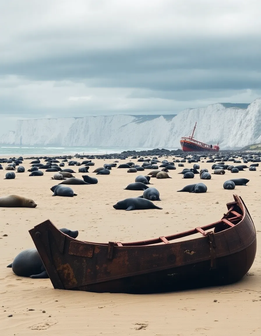A wide shot of Drakes Beach, with elephant seals lounging on the sand. The white cliffs loom in the background, and a rusted shipwreck sits half-buried near the shore under a moody sky.