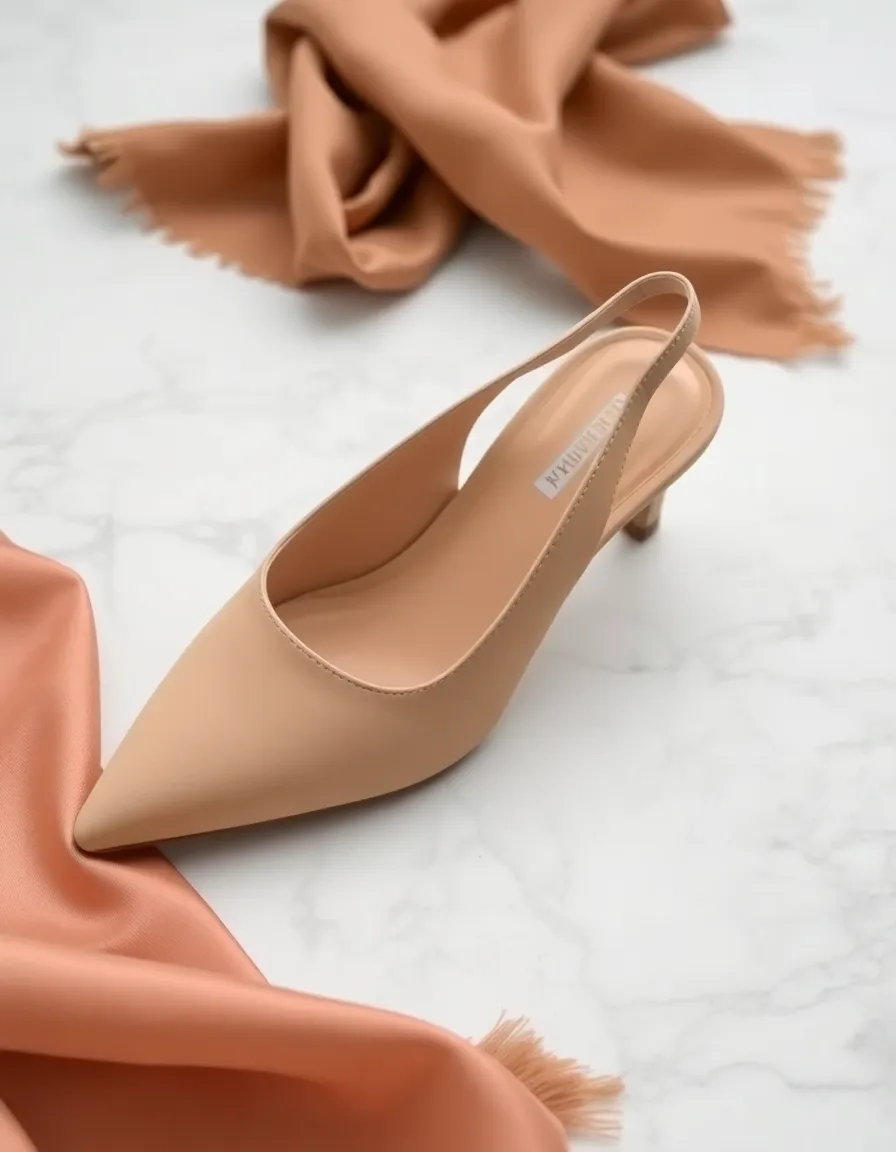 A nude pointed-toe slingback with a thin heel, placed on a marble surface with a silk scarf draped nearby. The simplicity of the shoe contrasts with the luxurious textures around it.